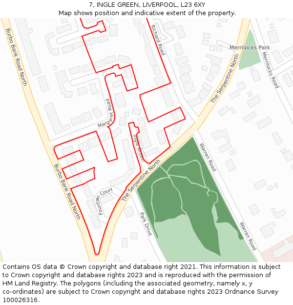 7, INGLE GREEN, LIVERPOOL, L23 6XY: Location map and indicative extent of plot