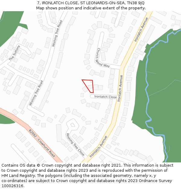 7, IRONLATCH CLOSE, ST LEONARDS-ON-SEA, TN38 9JQ: Location map and indicative extent of plot