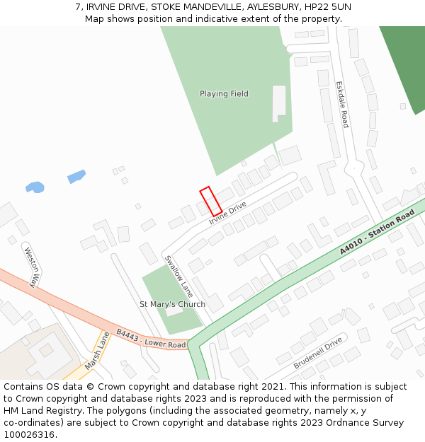 7, IRVINE DRIVE, STOKE MANDEVILLE, AYLESBURY, HP22 5UN: Location map and indicative extent of plot
