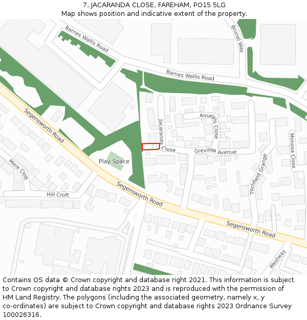 7, JACARANDA CLOSE, FAREHAM, PO15 5LG: Location map and indicative extent of plot