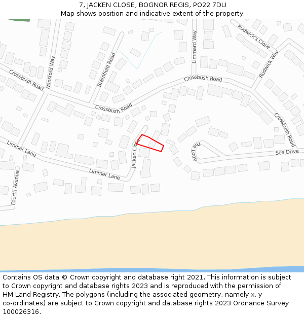 7, JACKEN CLOSE, BOGNOR REGIS, PO22 7DU: Location map and indicative extent of plot