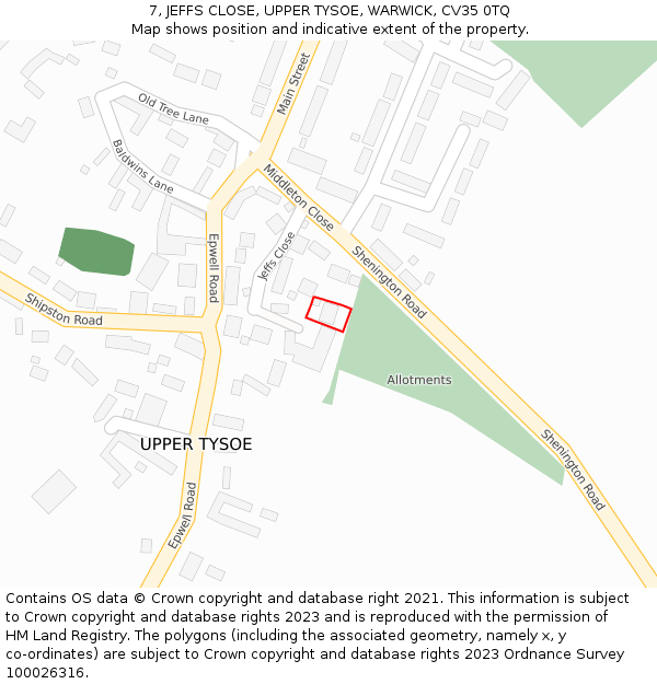 7, JEFFS CLOSE, UPPER TYSOE, WARWICK, CV35 0TQ: Location map and indicative extent of plot