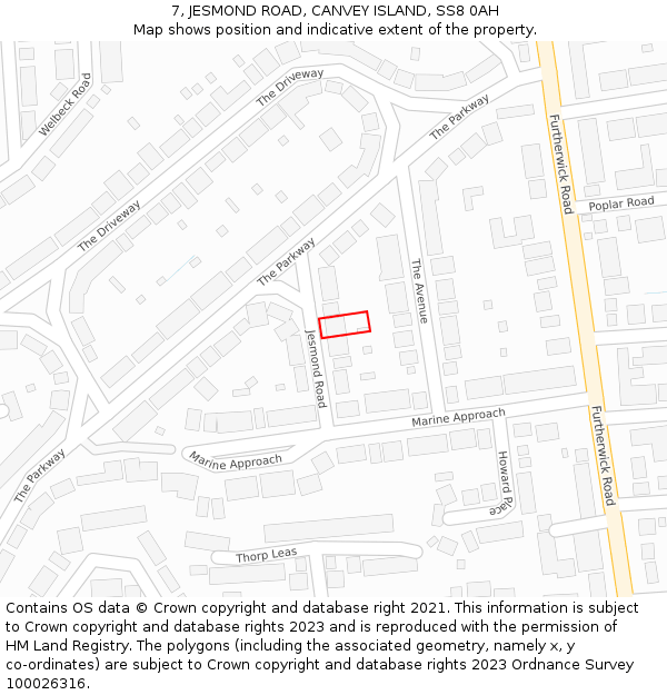 7, JESMOND ROAD, CANVEY ISLAND, SS8 0AH: Location map and indicative extent of plot