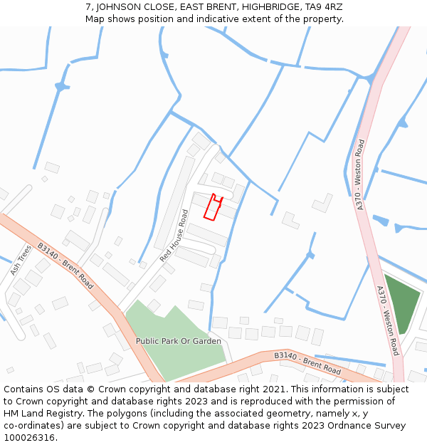 7, JOHNSON CLOSE, EAST BRENT, HIGHBRIDGE, TA9 4RZ: Location map and indicative extent of plot