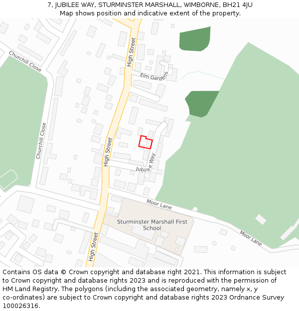 7, JUBILEE WAY, STURMINSTER MARSHALL, WIMBORNE, BH21 4JU: Location map and indicative extent of plot