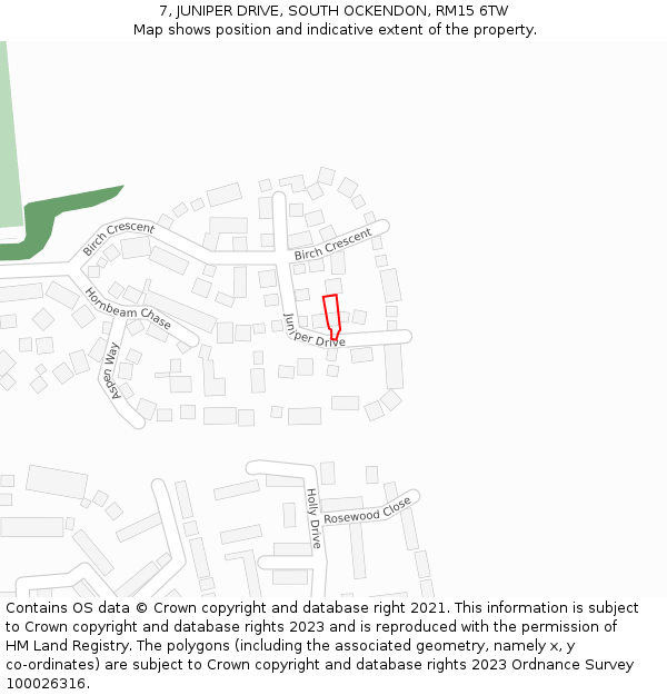 7, JUNIPER DRIVE, SOUTH OCKENDON, RM15 6TW: Location map and indicative extent of plot