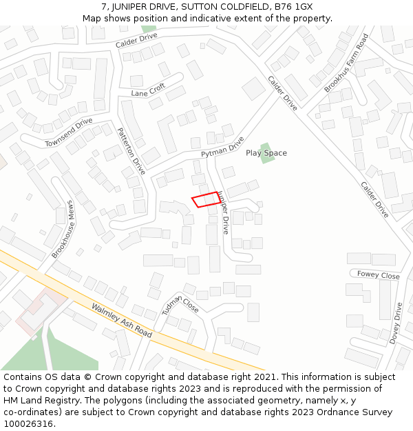 7, JUNIPER DRIVE, SUTTON COLDFIELD, B76 1GX: Location map and indicative extent of plot