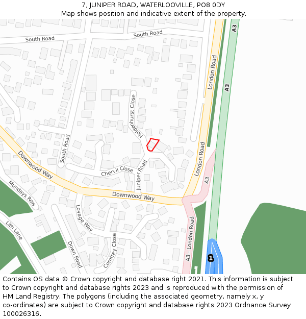 7, JUNIPER ROAD, WATERLOOVILLE, PO8 0DY: Location map and indicative extent of plot