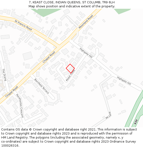 7, KEAST CLOSE, INDIAN QUEENS, ST COLUMB, TR9 6LH: Location map and indicative extent of plot