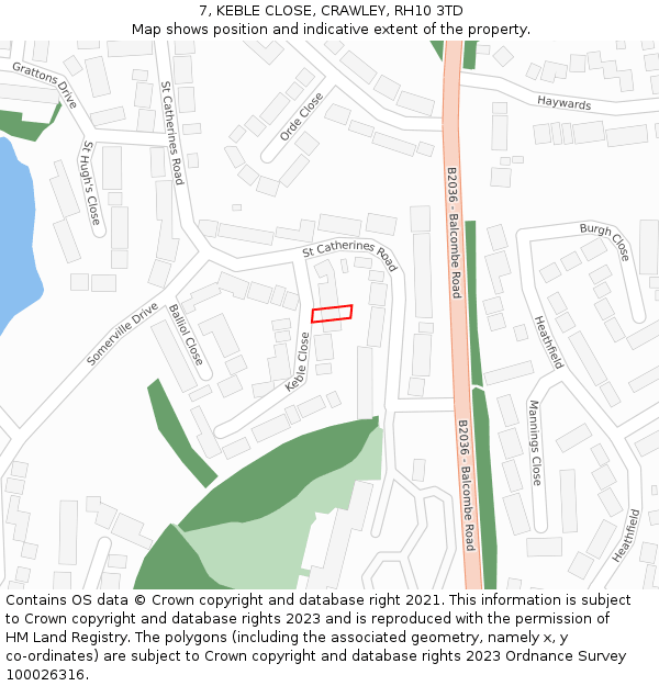 7, KEBLE CLOSE, CRAWLEY, RH10 3TD: Location map and indicative extent of plot