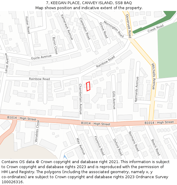 7, KEEGAN PLACE, CANVEY ISLAND, SS8 8AQ: Location map and indicative extent of plot