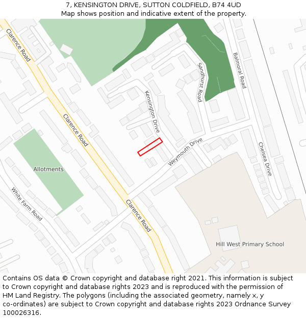 7, KENSINGTON DRIVE, SUTTON COLDFIELD, B74 4UD: Location map and indicative extent of plot