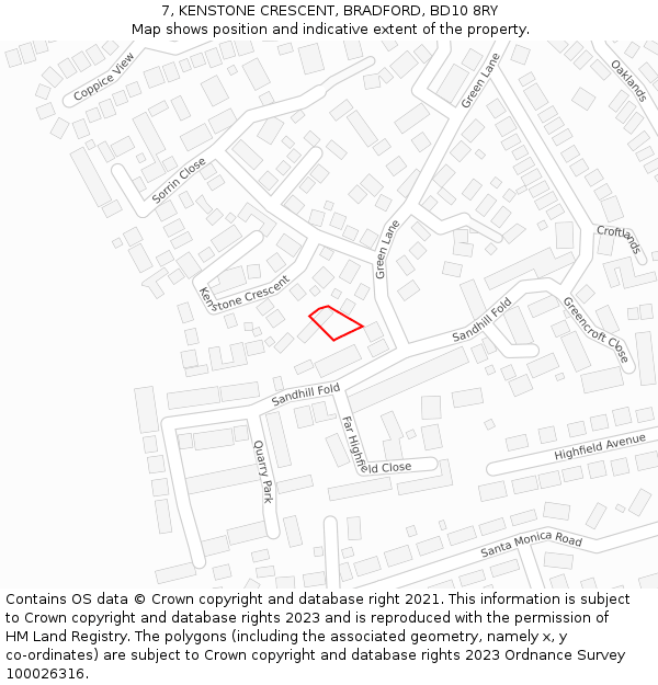 7, KENSTONE CRESCENT, BRADFORD, BD10 8RY: Location map and indicative extent of plot