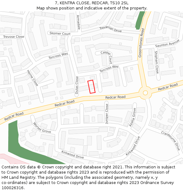 7, KENTRA CLOSE, REDCAR, TS10 2SL: Location map and indicative extent of plot