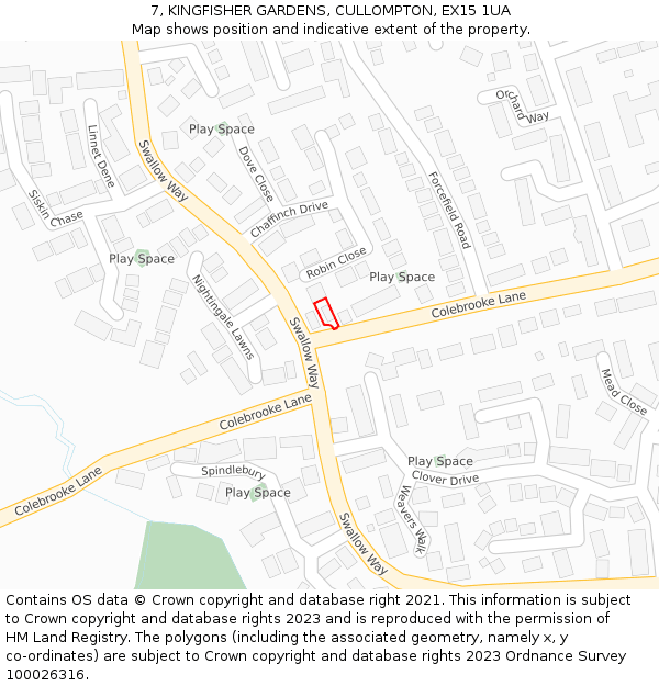 7, KINGFISHER GARDENS, CULLOMPTON, EX15 1UA: Location map and indicative extent of plot