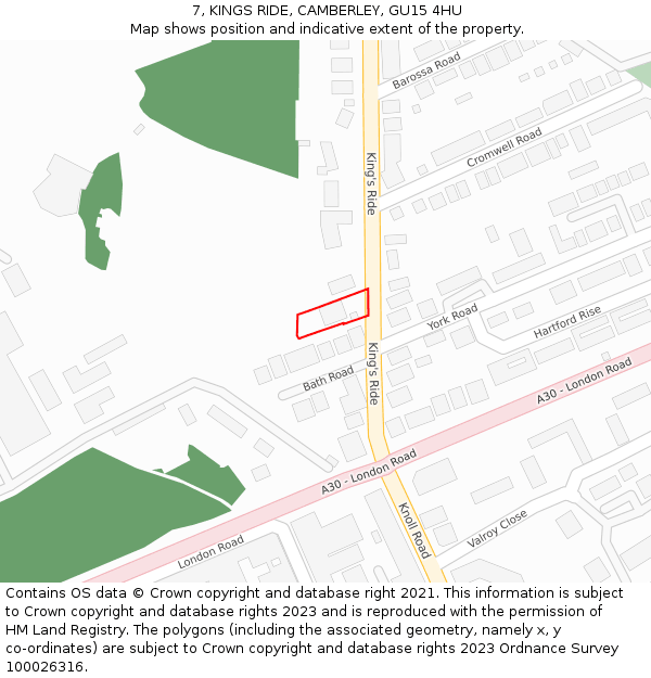 7, KINGS RIDE, CAMBERLEY, GU15 4HU: Location map and indicative extent of plot