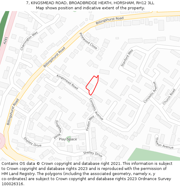 7, KINGSMEAD ROAD, BROADBRIDGE HEATH, HORSHAM, RH12 3LL: Location map and indicative extent of plot