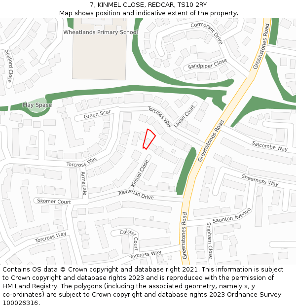 7, KINMEL CLOSE, REDCAR, TS10 2RY: Location map and indicative extent of plot