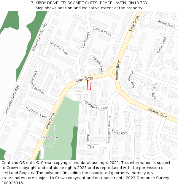 7, KIRBY DRIVE, TELSCOMBE CLIFFS, PEACEHAVEN, BN10 7DY: Location map and indicative extent of plot