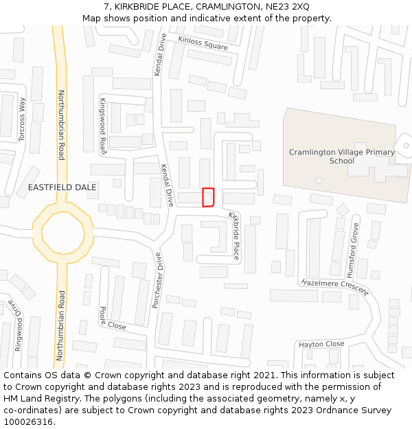 7, KIRKBRIDE PLACE, CRAMLINGTON, NE23 2XQ: Location map and indicative extent of plot