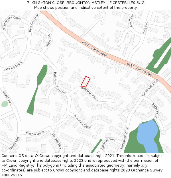 7, KNIGHTON CLOSE, BROUGHTON ASTLEY, LEICESTER, LE9 6UG: Location map and indicative extent of plot