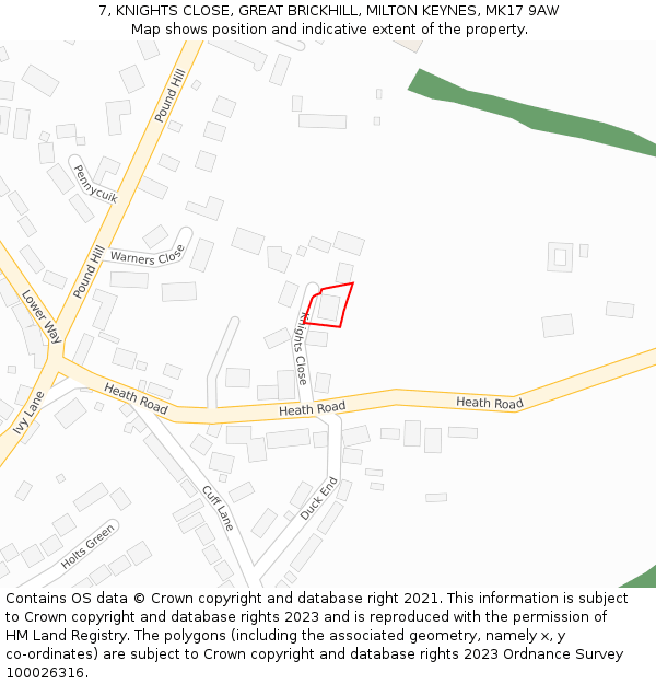 7, KNIGHTS CLOSE, GREAT BRICKHILL, MILTON KEYNES, MK17 9AW: Location map and indicative extent of plot