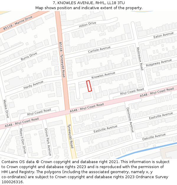 7, KNOWLES AVENUE, RHYL, LL18 3TU: Location map and indicative extent of plot