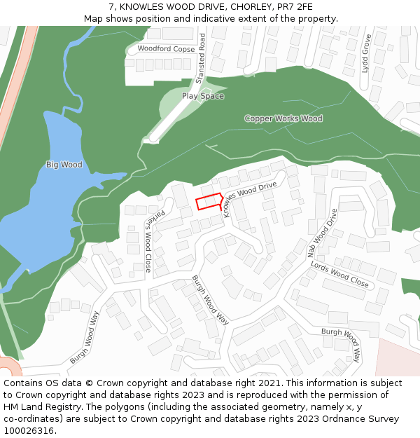 7, KNOWLES WOOD DRIVE, CHORLEY, PR7 2FE: Location map and indicative extent of plot