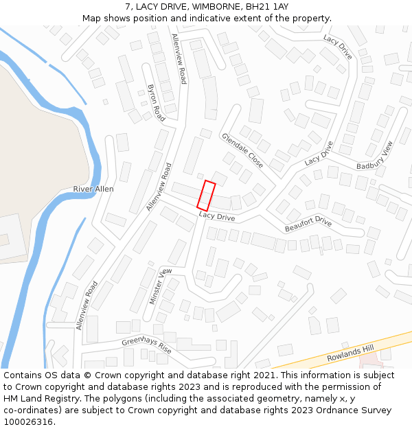 7, LACY DRIVE, WIMBORNE, BH21 1AY: Location map and indicative extent of plot