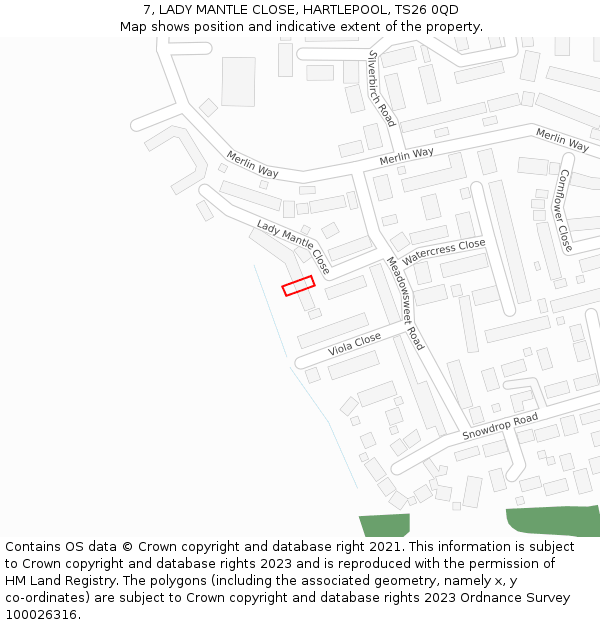 7, LADY MANTLE CLOSE, HARTLEPOOL, TS26 0QD: Location map and indicative extent of plot