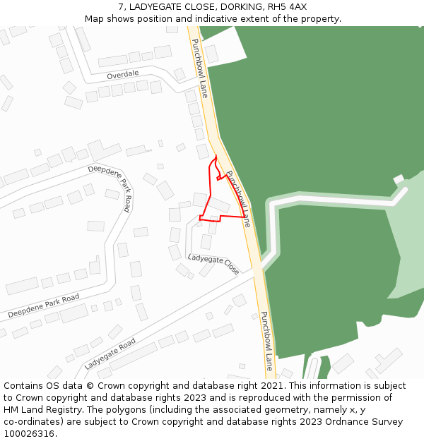 7, LADYEGATE CLOSE, DORKING, RH5 4AX: Location map and indicative extent of plot