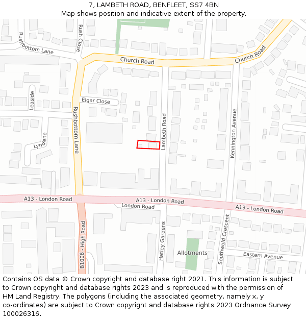 7, LAMBETH ROAD, BENFLEET, SS7 4BN: Location map and indicative extent of plot