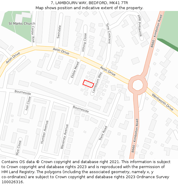 7, LAMBOURN WAY, BEDFORD, MK41 7TR: Location map and indicative extent of plot