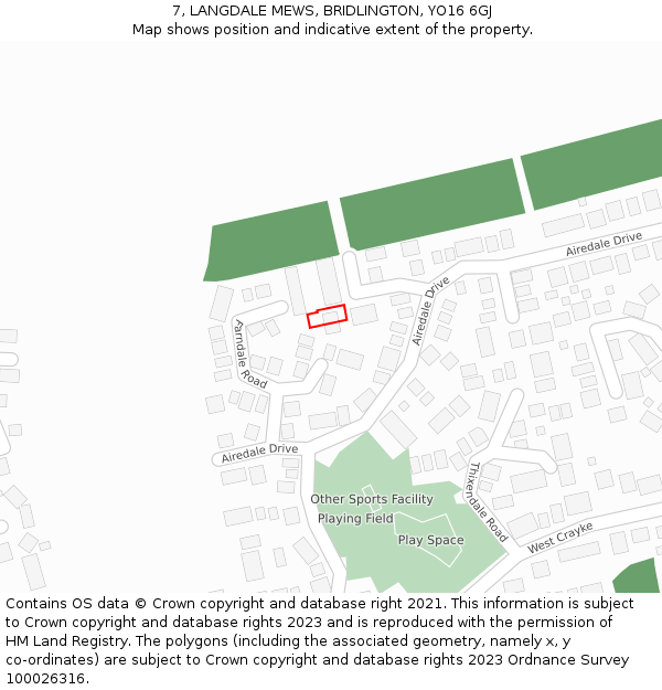 7, LANGDALE MEWS, BRIDLINGTON, YO16 6GJ: Location map and indicative extent of plot