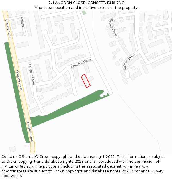 7, LANGDON CLOSE, CONSETT, DH8 7NG: Location map and indicative extent of plot