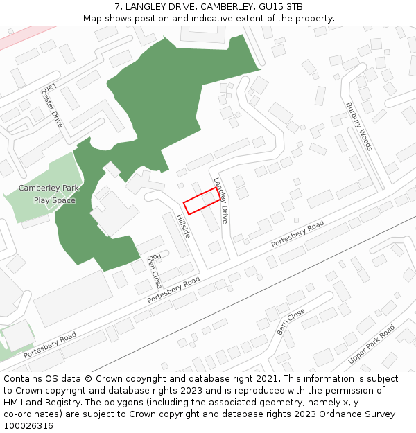 7, LANGLEY DRIVE, CAMBERLEY, GU15 3TB: Location map and indicative extent of plot