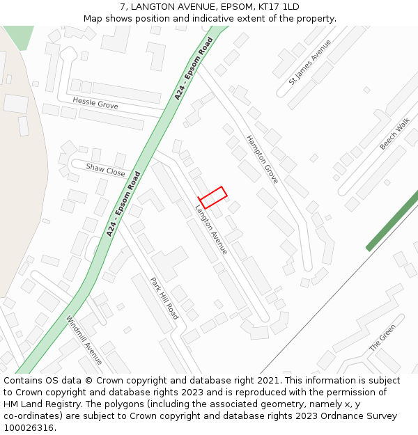 7, LANGTON AVENUE, EPSOM, KT17 1LD: Location map and indicative extent of plot