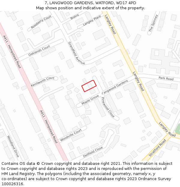 7, LANGWOOD GARDENS, WATFORD, WD17 4PD: Location map and indicative extent of plot