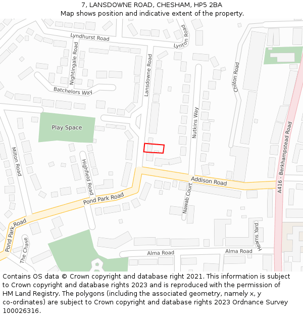 7, LANSDOWNE ROAD, CHESHAM, HP5 2BA: Location map and indicative extent of plot