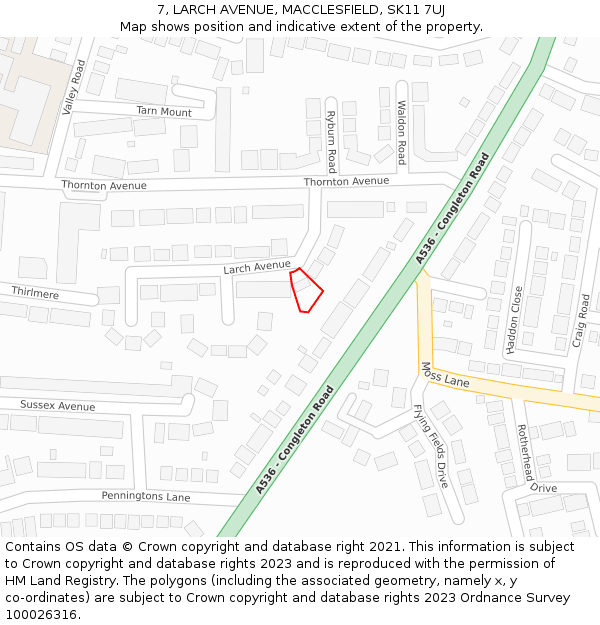 7, LARCH AVENUE, MACCLESFIELD, SK11 7UJ: Location map and indicative extent of plot