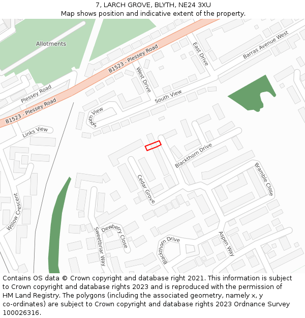 7, LARCH GROVE, BLYTH, NE24 3XU: Location map and indicative extent of plot