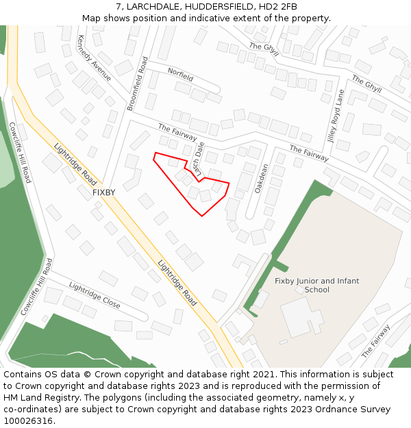 7, LARCHDALE, HUDDERSFIELD, HD2 2FB: Location map and indicative extent of plot