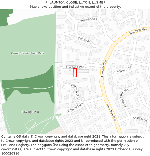 7, LAUNTON CLOSE, LUTON, LU3 4BF: Location map and indicative extent of plot