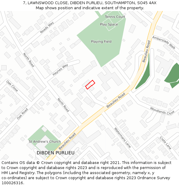 7, LAWNSWOOD CLOSE, DIBDEN PURLIEU, SOUTHAMPTON, SO45 4AX: Location map and indicative extent of plot