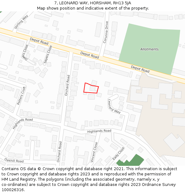 7, LEONARD WAY, HORSHAM, RH13 5JA: Location map and indicative extent of plot