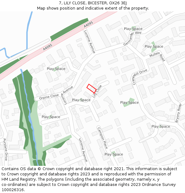 7, LILY CLOSE, BICESTER, OX26 3EJ: Location map and indicative extent of plot