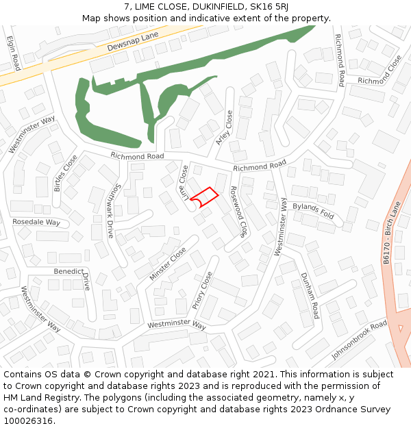 7, LIME CLOSE, DUKINFIELD, SK16 5RJ: Location map and indicative extent of plot