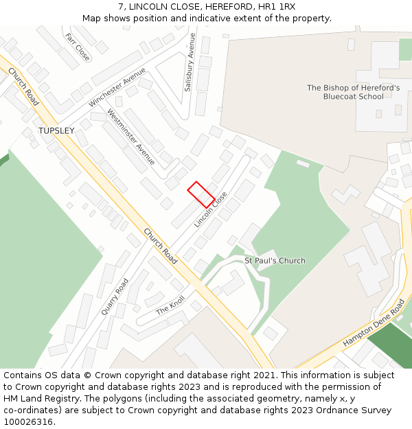 7, LINCOLN CLOSE, HEREFORD, HR1 1RX: Location map and indicative extent of plot