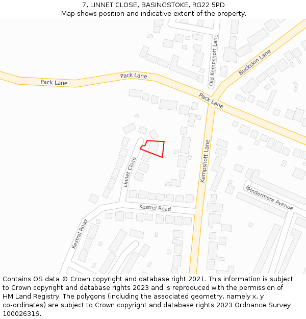 7, LINNET CLOSE, BASINGSTOKE, RG22 5PD: Location map and indicative extent of plot