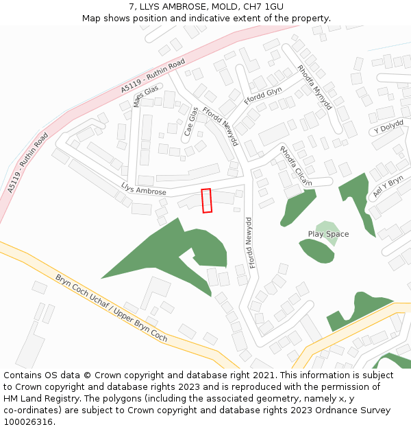 7, LLYS AMBROSE, MOLD, CH7 1GU: Location map and indicative extent of plot